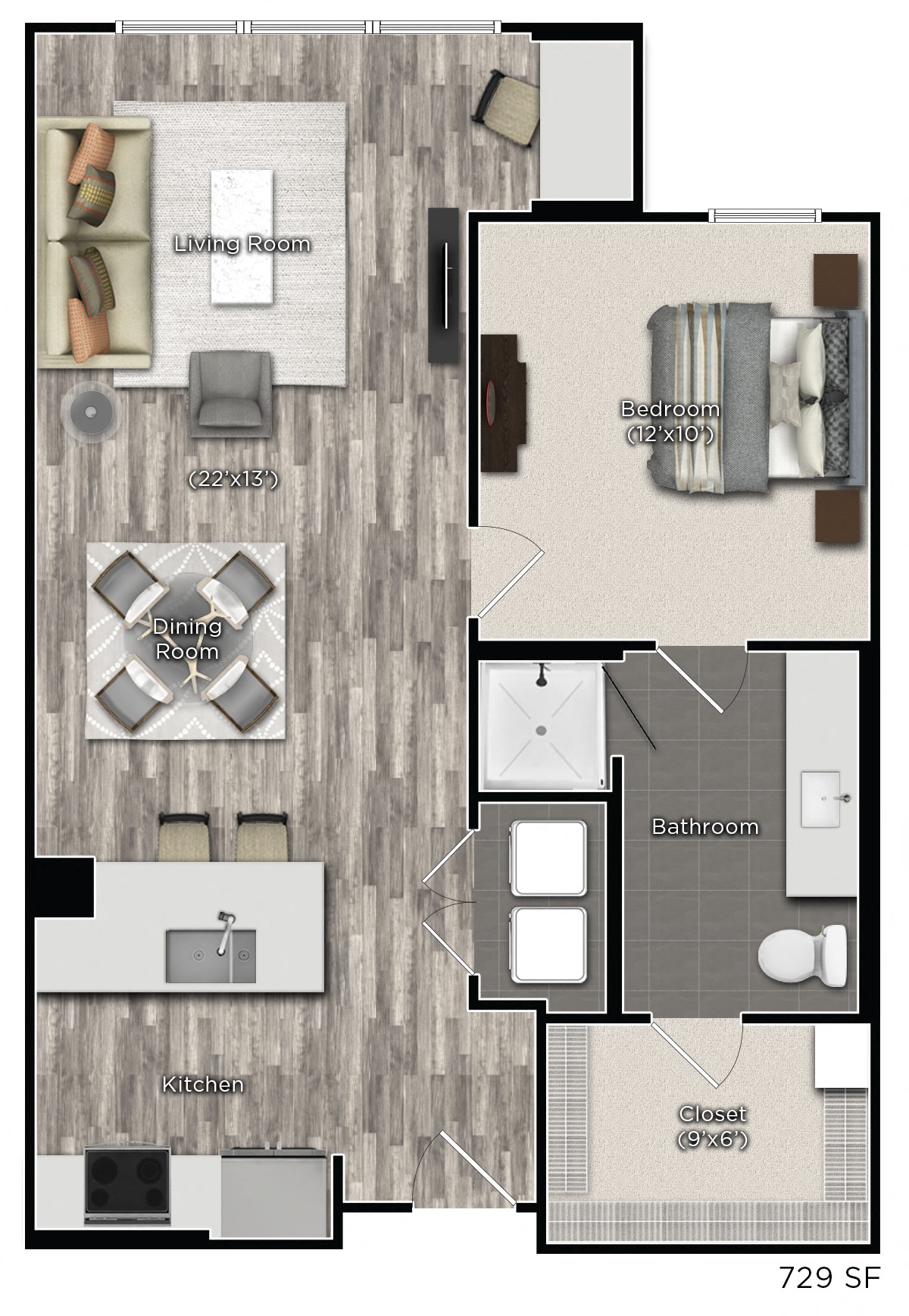 1 bedroom 1 bathroom Floor plan A at Tens on West, Atlanta, 30309
