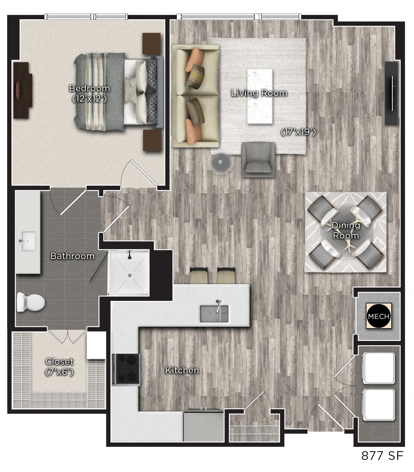 1 bedroom 1 bathroom Floor plan E at Tens on West, Georgia, 30309