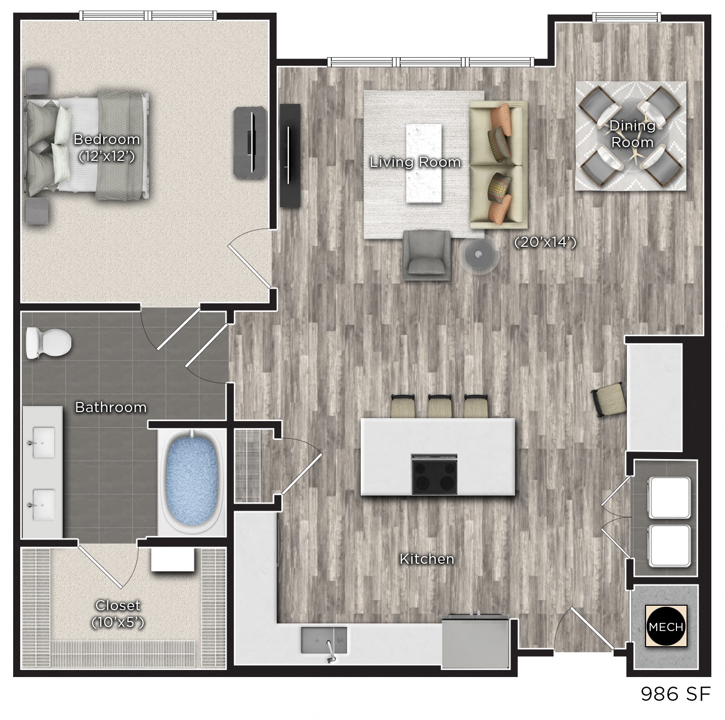 1 bedroom 1 bathroom Floor plan G at Tens on West, Atlanta, 30309