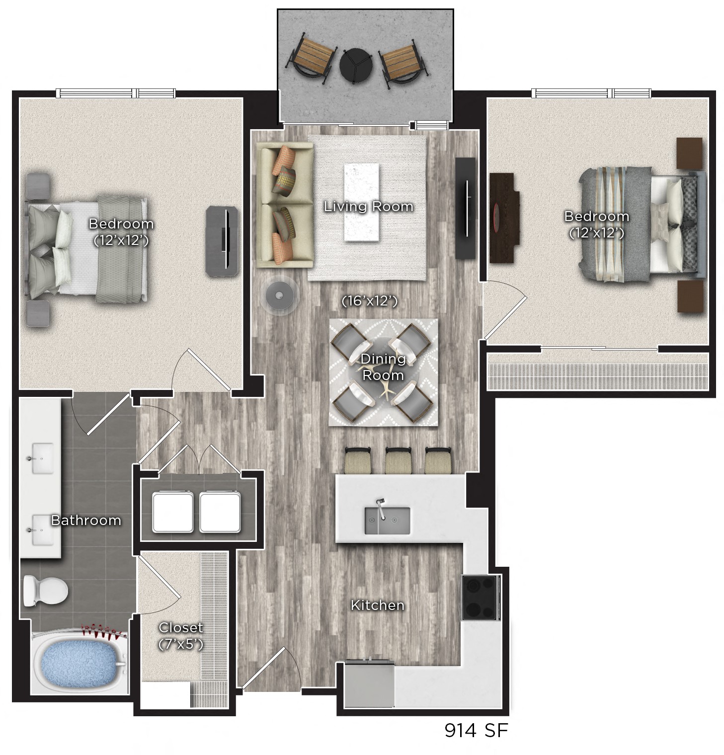 2 bedroom 1 bathroom Floor plan at Tens on West, Atlanta, Georgia