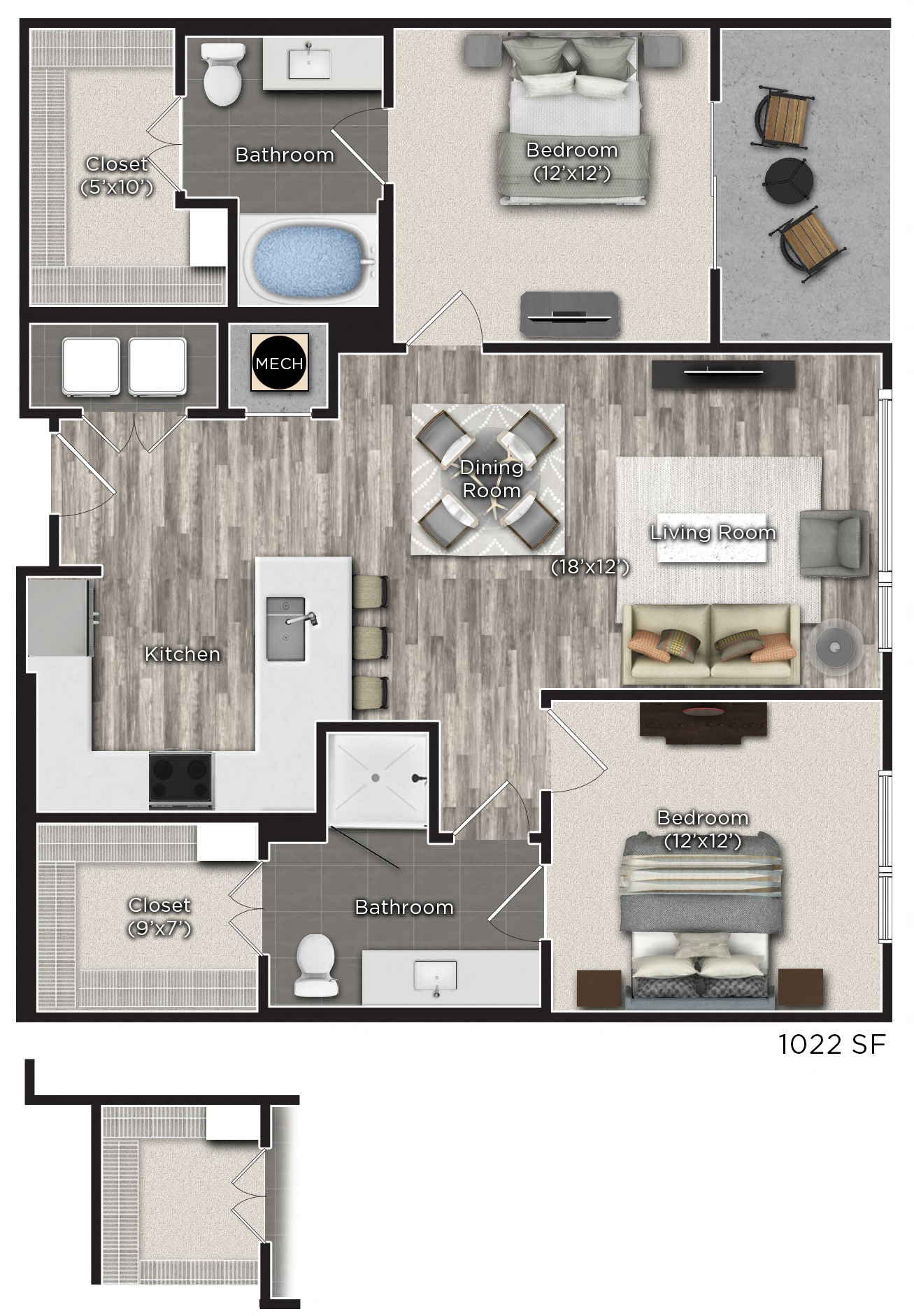 2 bedroom 2 bathroom Floor plan A at Tens on West, Atlanta