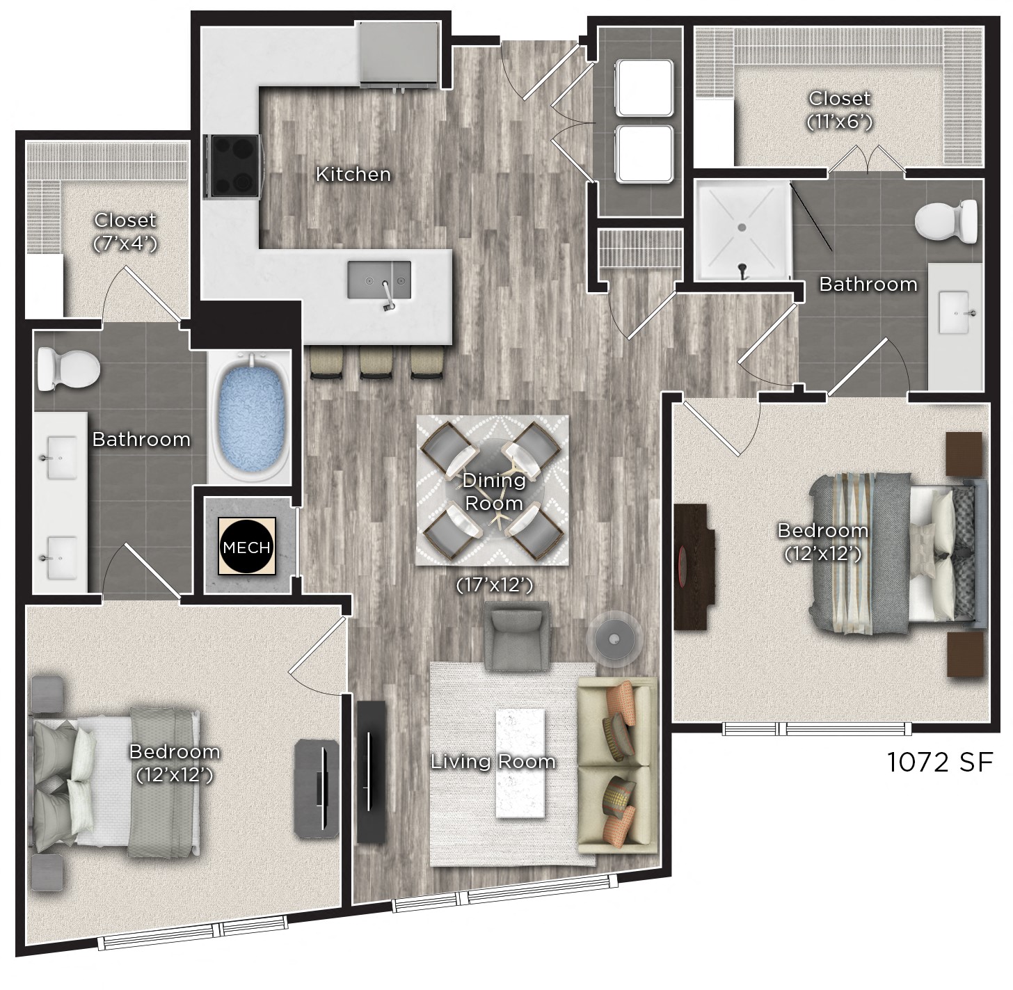 2 bedroom 2 bathroom Floor plan E at Tens on West, Georgia, 30309
