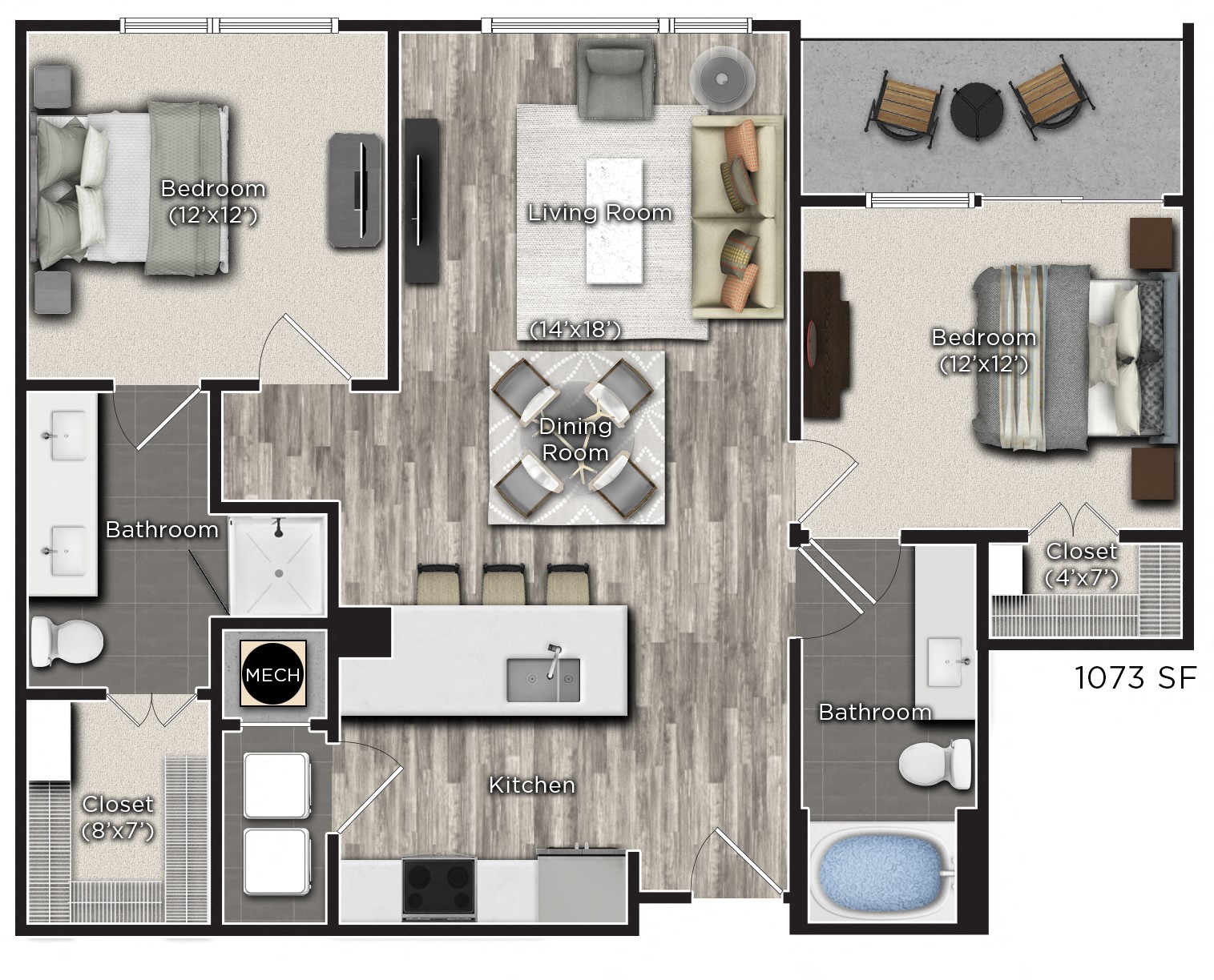 2 bedroom 2 bathroom Floor plan D at Tens on West, Atlanta, GA, 30309