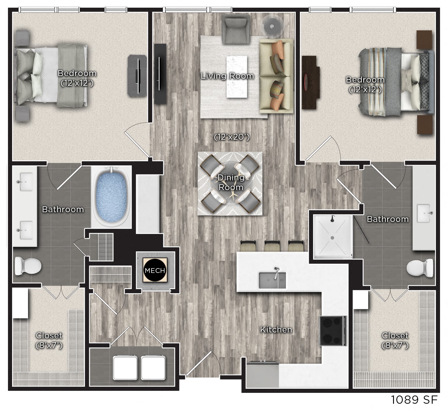 2 bedroom 2 bathroom Floor plan C at Tens on West, Atlanta, GA