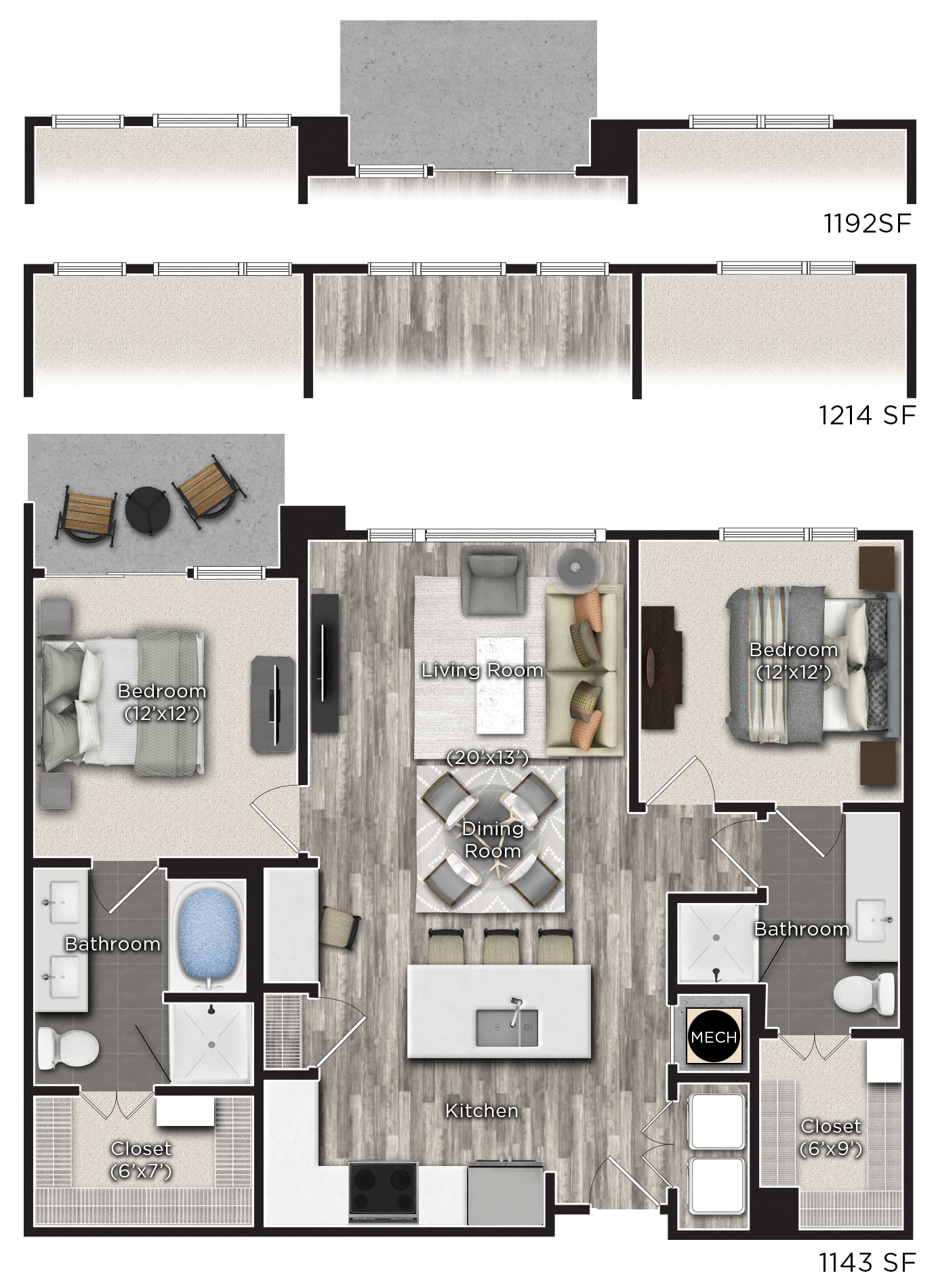 2 bedroom 2 bathroom Floor plan K at Tens on West, Atlanta, Georgia