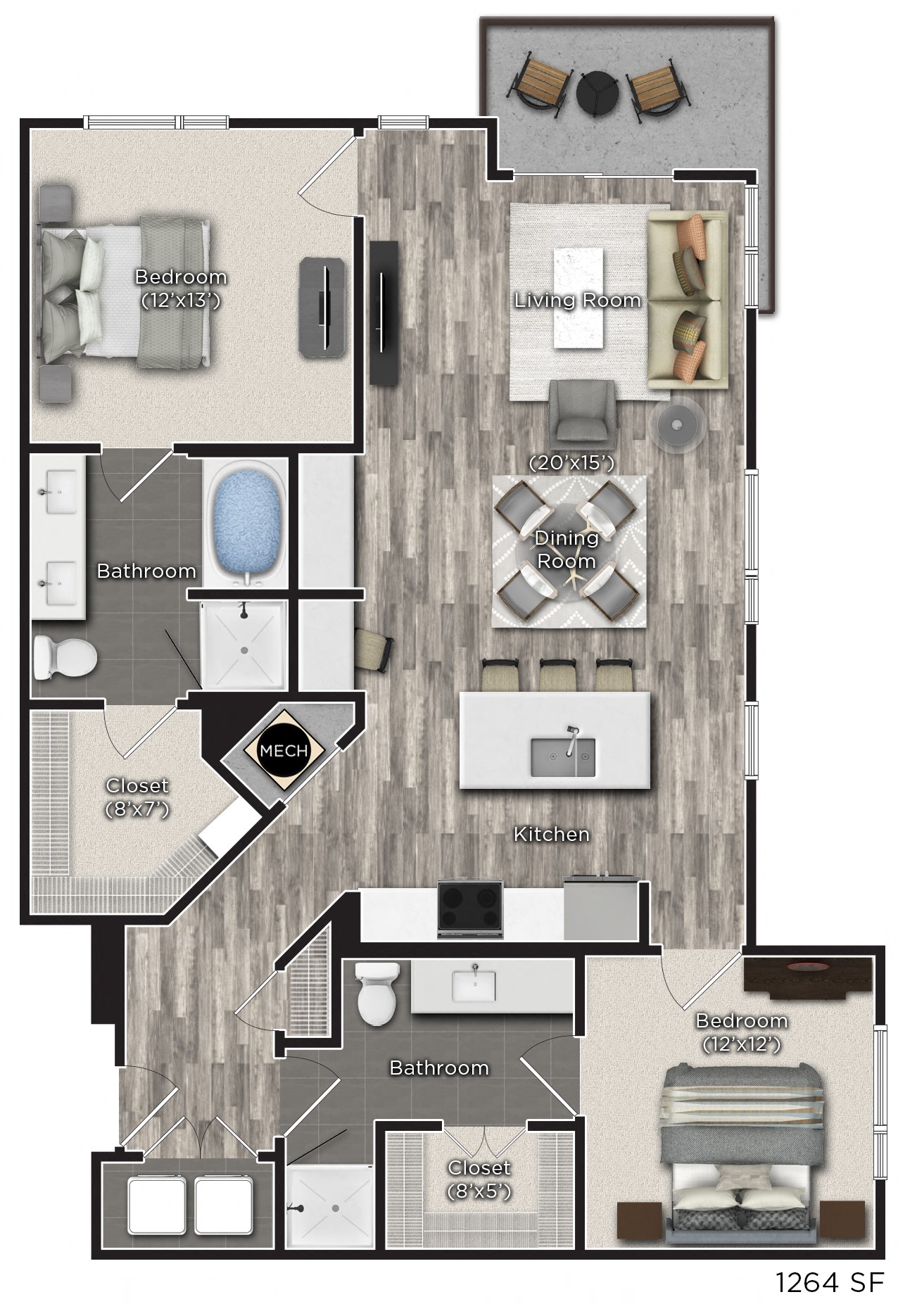 2 bedroom 2 bathroom Floor plan L at Tens on West, Atlanta