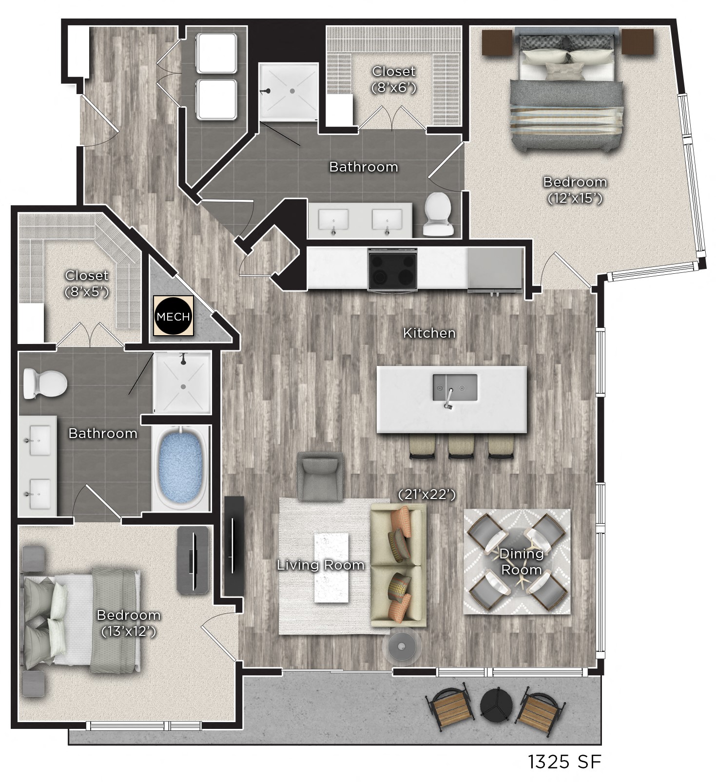2 bedroom 2 bathroom Floor plan M at Tens on West, Georgia