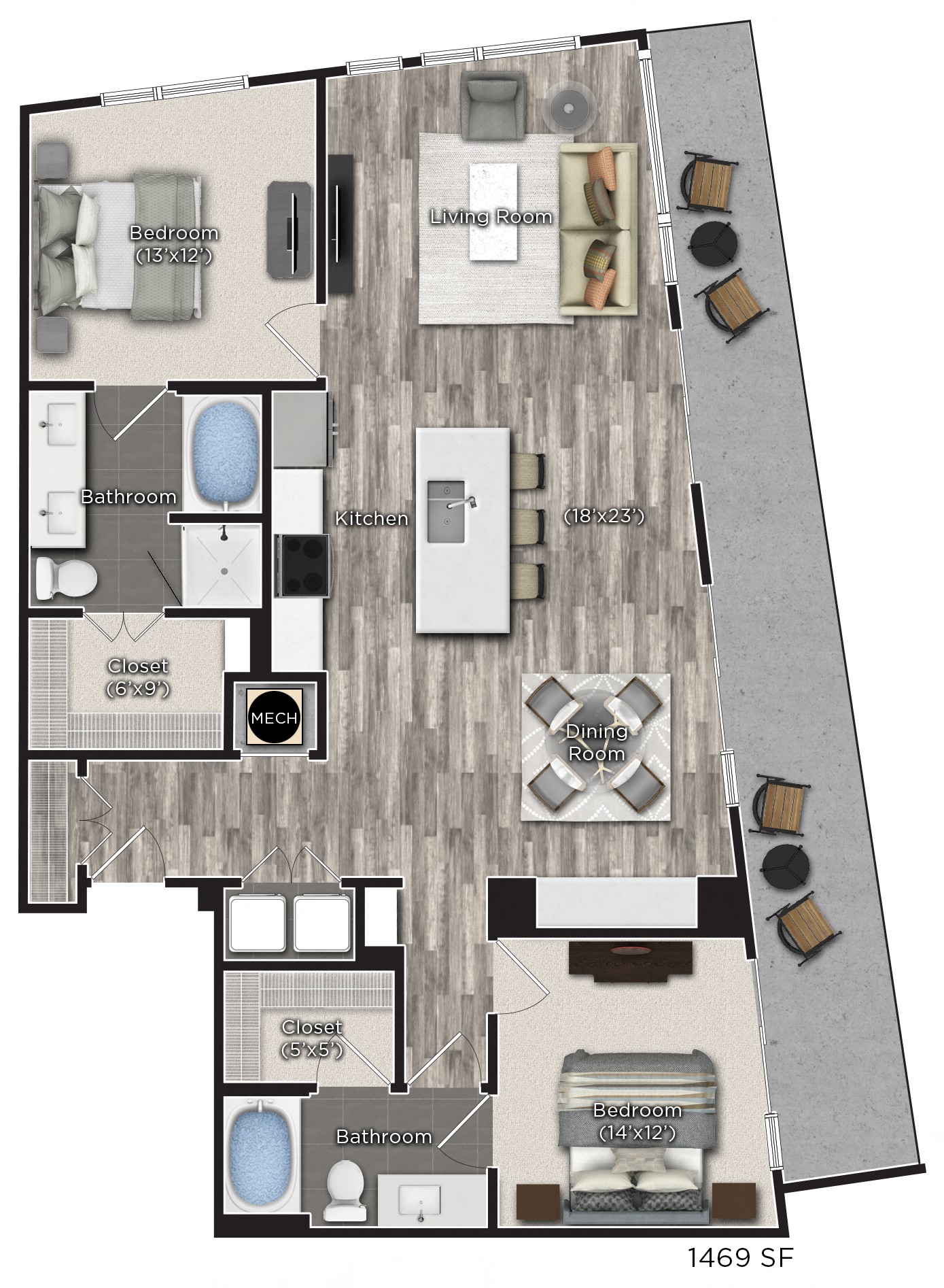 2 bedroom 2 bathroom Floor plan N at Tens on West, Georgia, 30309