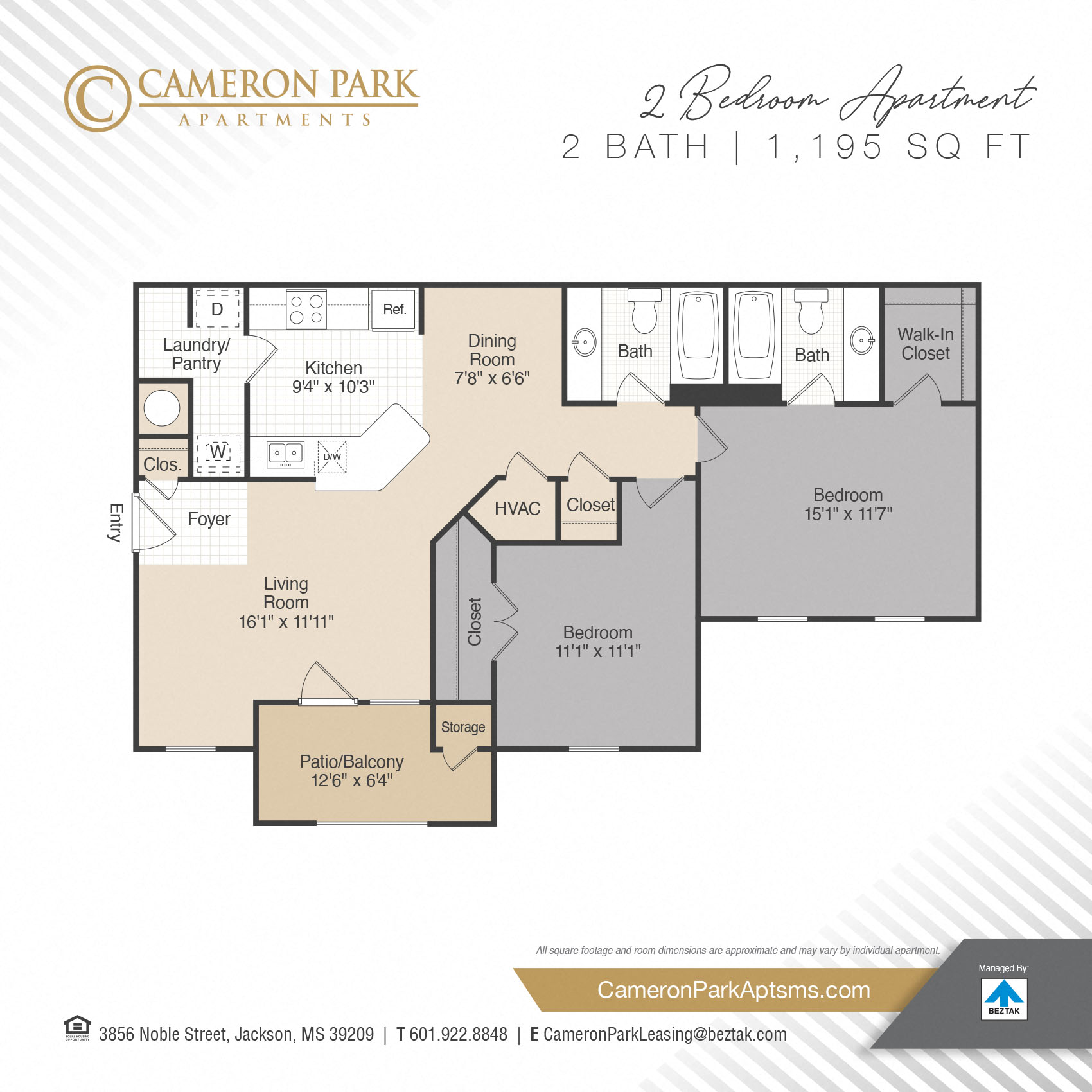 2 Bed 2 Bath Floor Plan at Cameron Park Apartments, Jackson, Mississippi
