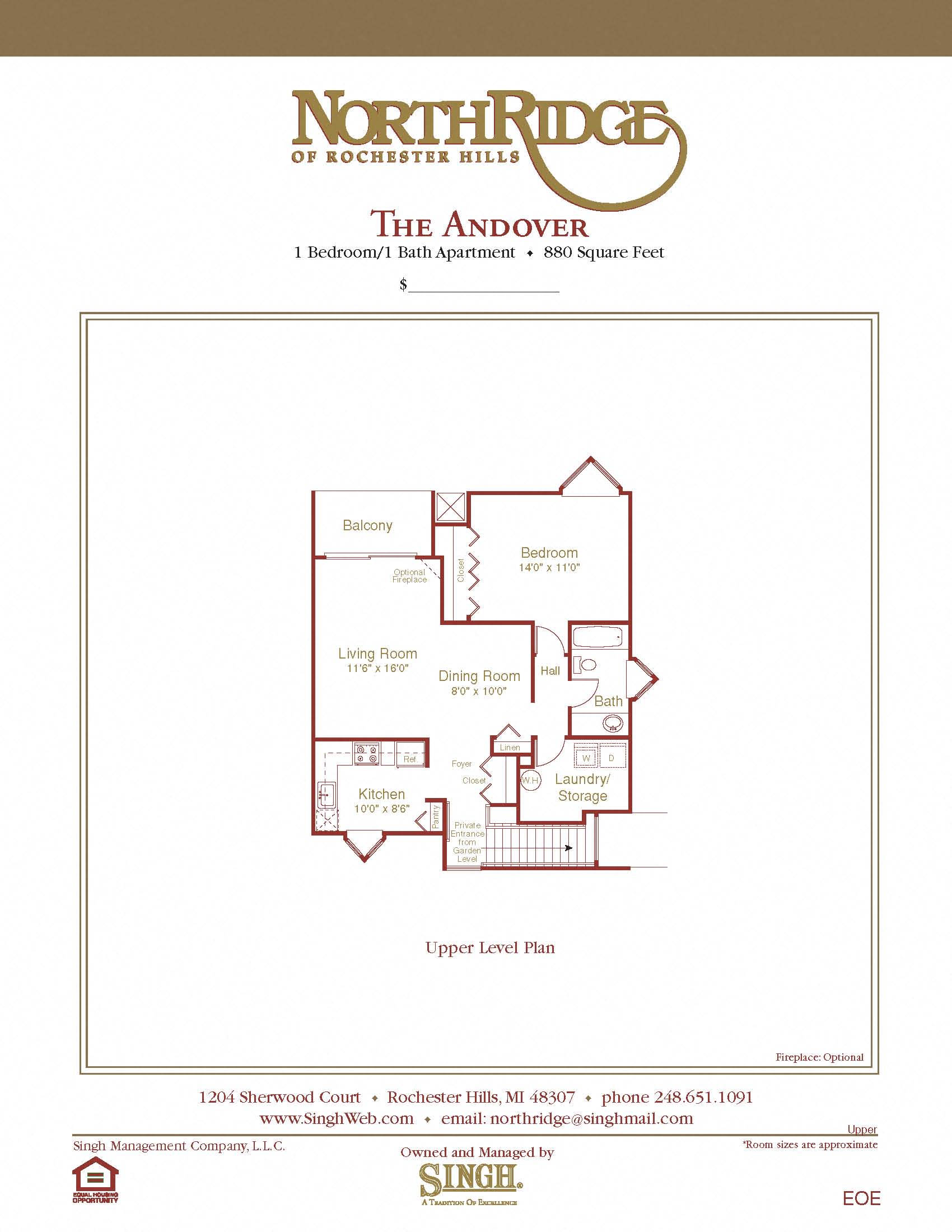 Andover Upper Floor Plan at Northridge, Michigan