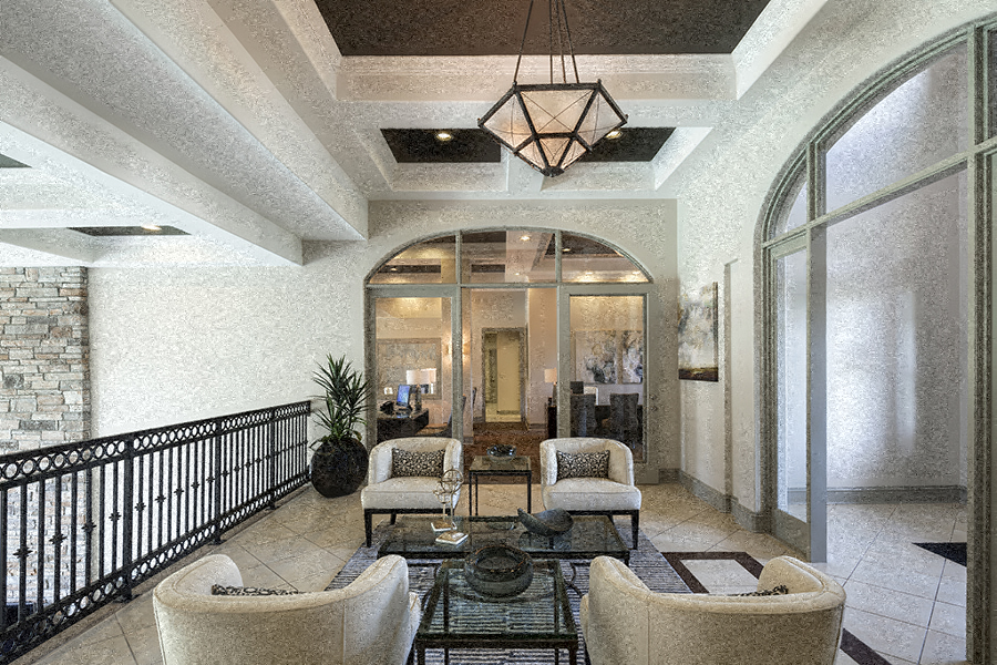 a large living room with furniture and a large window