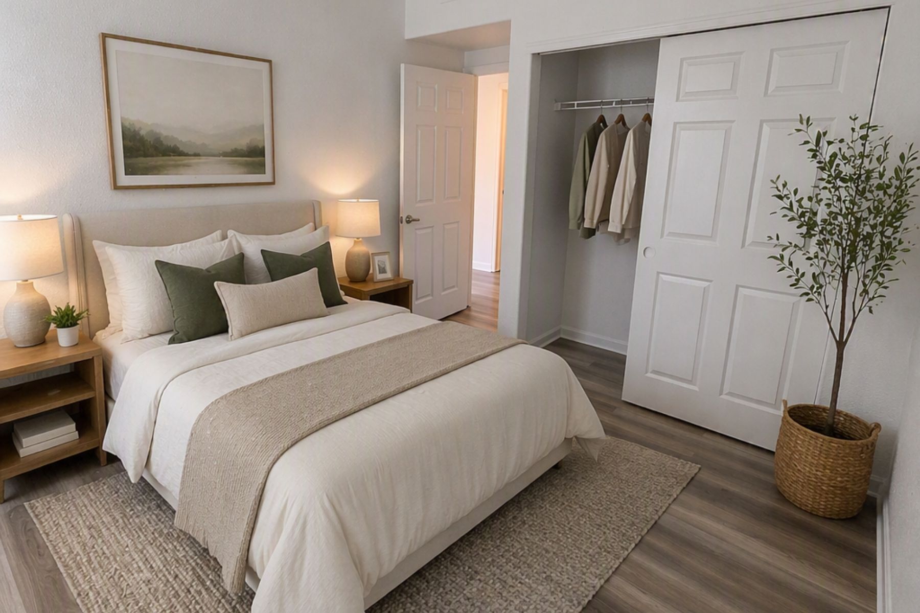 A bedroom with a large bed and a painting on the wall.