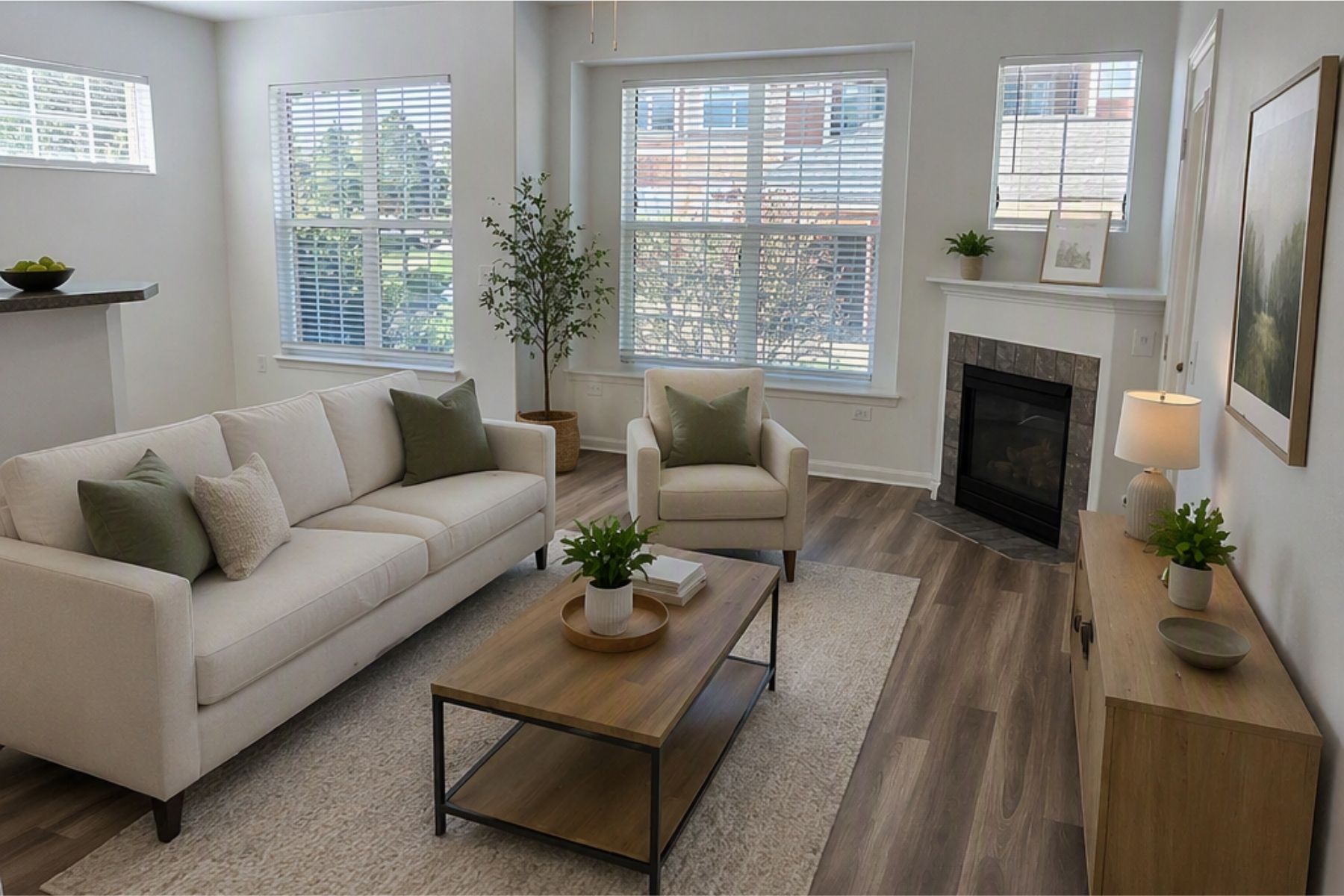 A living room with a white couch, a coffee table, and a fireplace.