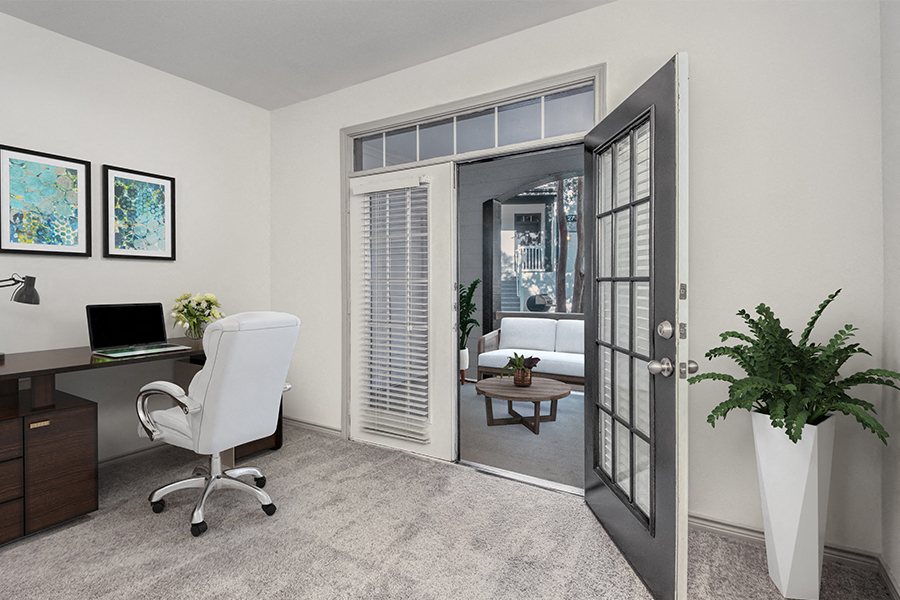 Promenade Park apartments - Ballantyne Apartments in Charlotte, NC - Townhomes with flex rooms and walk-out patios. Perfect for an at home office.