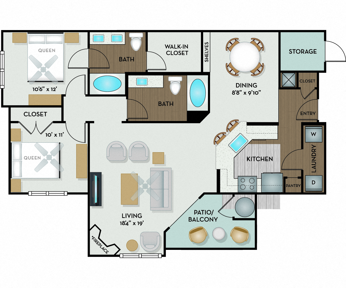 Settler's Ridge Apartments - Austin, TX - Guadalupe Floor Plan 1176 Sq Ft
