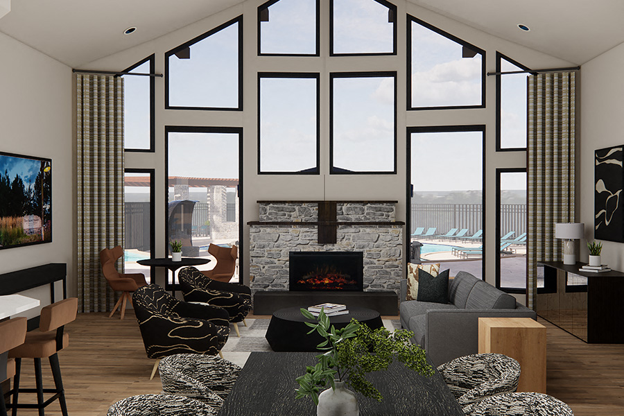 The Sanctuary at Tallyns Reach Apartments in Aurora, CO - clubhouse with fireplace