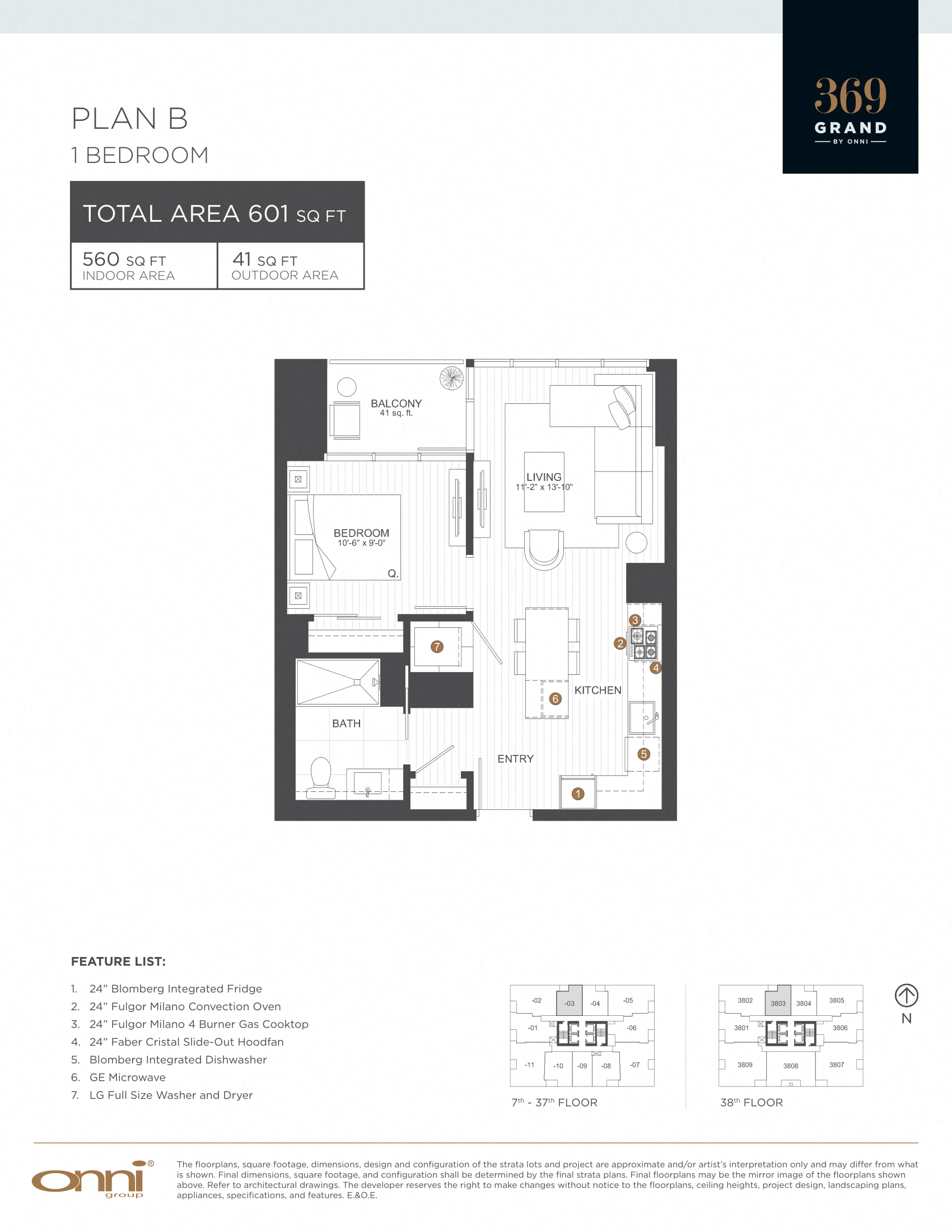 A floor plan for a 1 bedroom apartment with a detailed feature list.