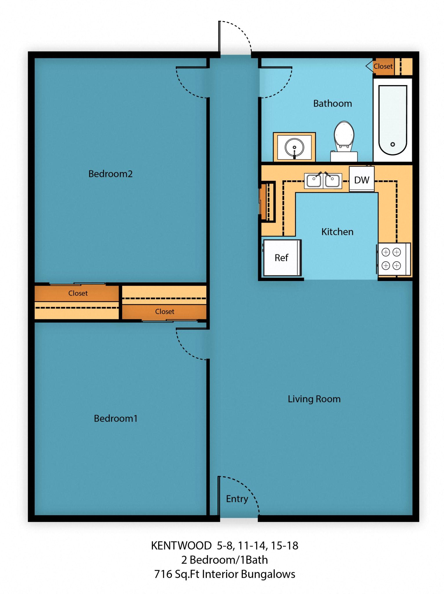 2 Bed 1 Bath Floor Plan at Kentwood Apartments, Kent, WA