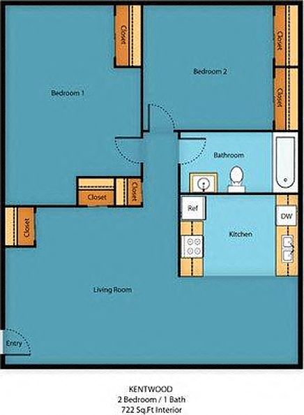 2 Bedroom 1 Bath Floor Plan at Kentwood Apartments, Kent, 98031