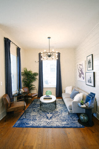 a living room with a couch and a coffee table