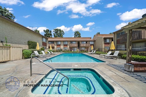 A swimming pool with a logo of Beachfront Property Management.