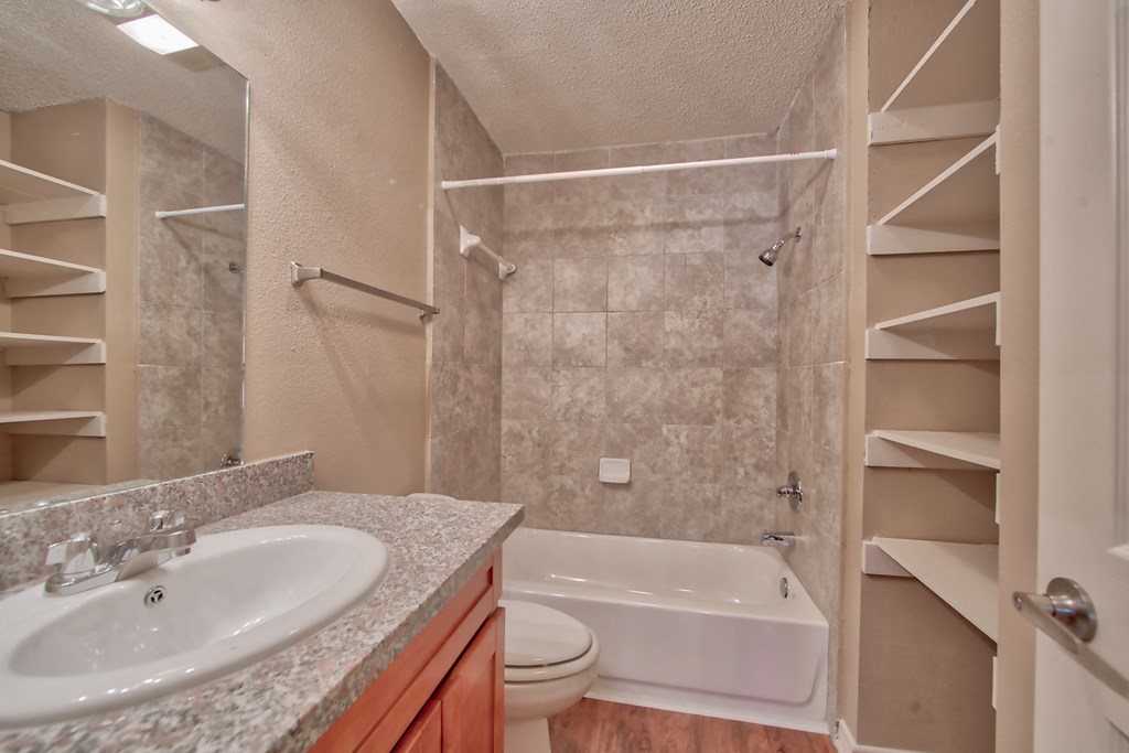 a bathroom with a sink and a shower and a toilet