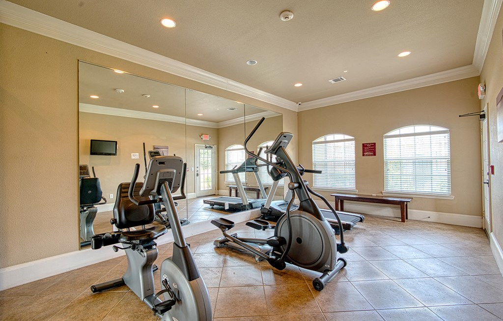 a gym with cardio equipment and mirrors in a home gym