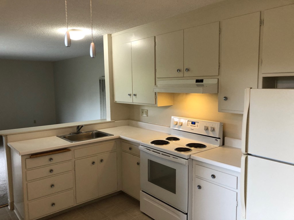a kitchen with white cabinets and a stove and a refrigerator