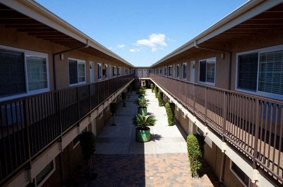 A long row of houses with balconies and plants on the ground.