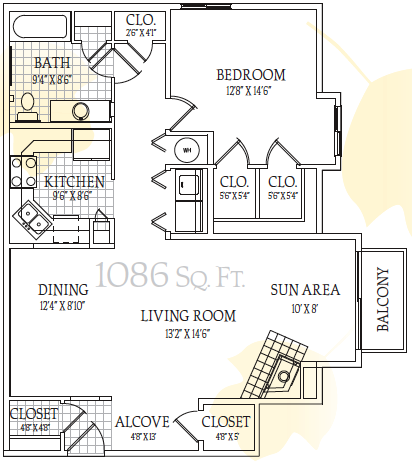 One Bedroom One Bathroom (1,086 Square Feet)