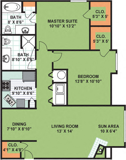 Two Bedroom Two Bath (1,160 Square Feet)
