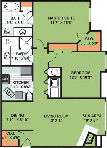 Two Bedroom Two Bath (1,170 Square Feet)