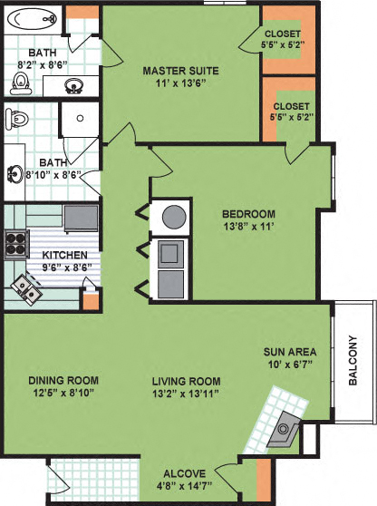 Two Bedroom Two Bath (1,250 Square Feet)