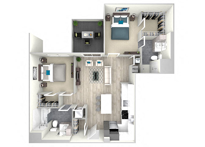 Two Bed Two Bath with Patio 1099 Floor Plan at Nightingale, Providence, RI