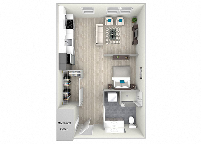 Studio One Bath Floor Plan at Nightingale, Providence, RI, 02903