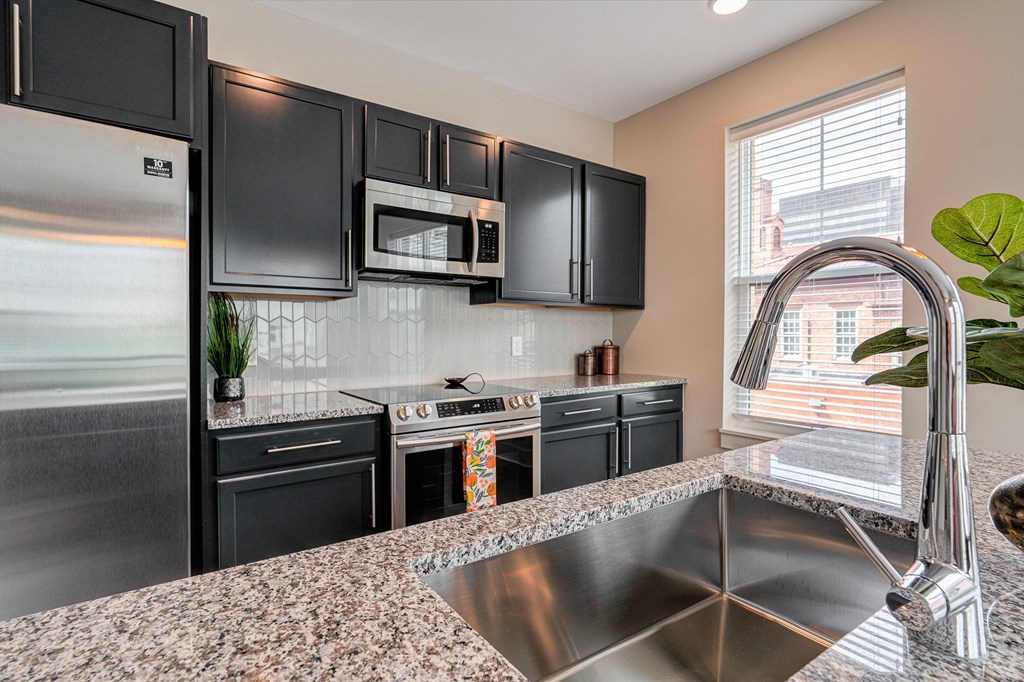 a kitchen with black cabinets and granite counter tops and a sink