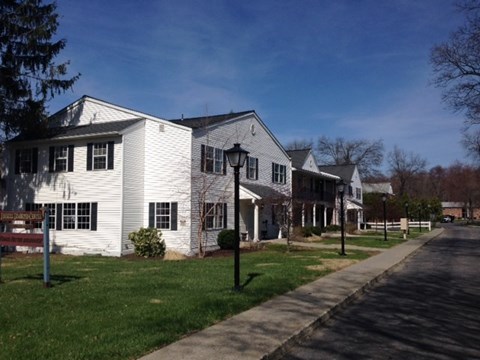 a row of white houses on the side of a street