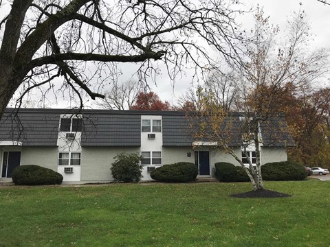 A white house with a grey roof and a tree in front.