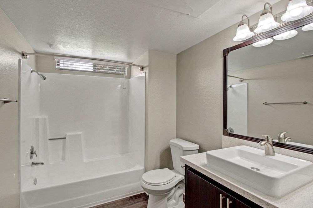 a bathroom with a shower toilet and a sink