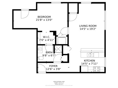 A black and white image of a floor plan for a small apartment.
