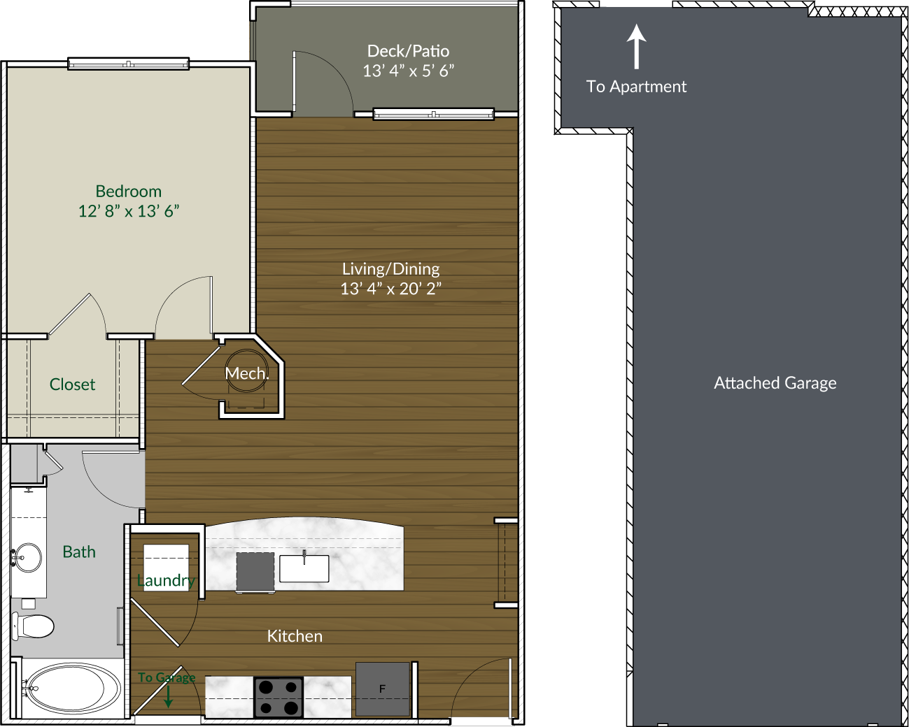 Our A2 floor plan with a garage at Apartments @ Eleven240, Charlotte, North Carolina