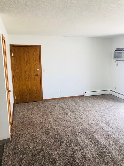 A room with a carpeted floor and a wooden door.