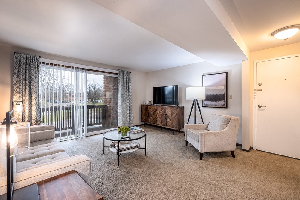 a living room with a couch and a chair and a tv