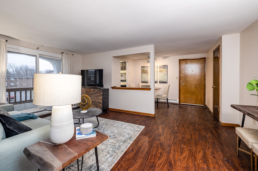 a living room with a couch and a table