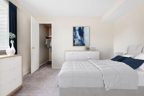 a bedroom with a bed and a closet