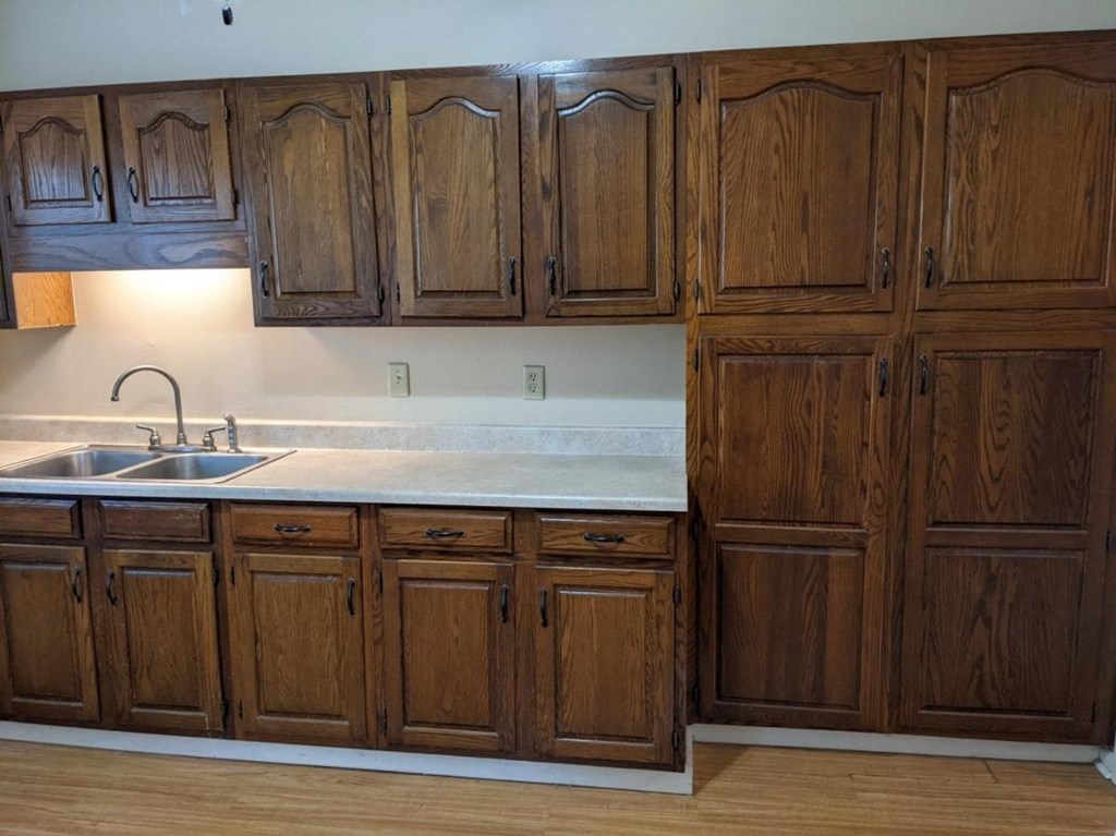 a kitchen with wooden cabinets and a sink