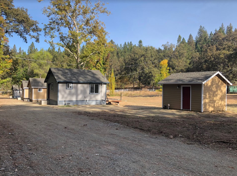 Two small buildings sit in a field with trees in the background.