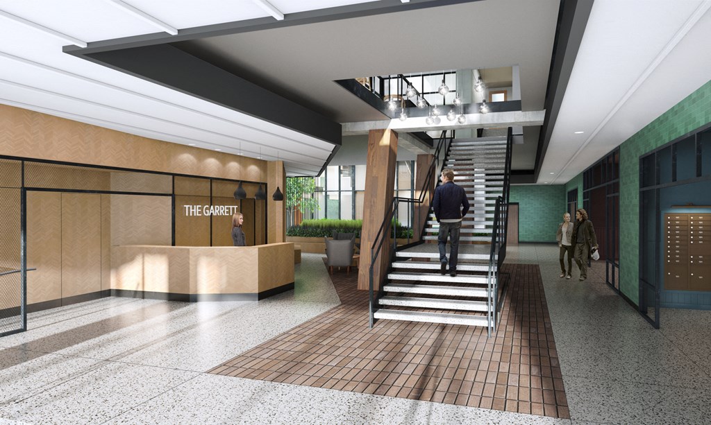 a rendering of a lobby with a staircase and a reception desk