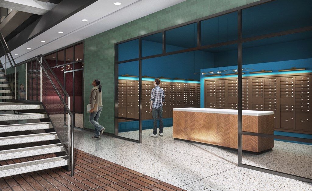 a rendering of a lobby with a wall of vending machines and two people