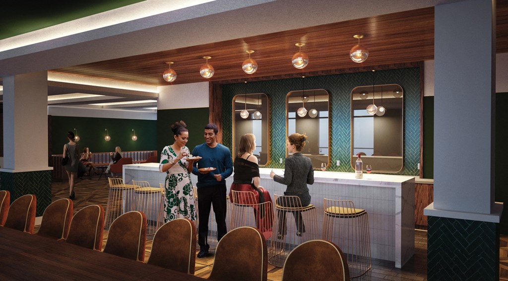 a rendering of people standing around a bar in a restaurant